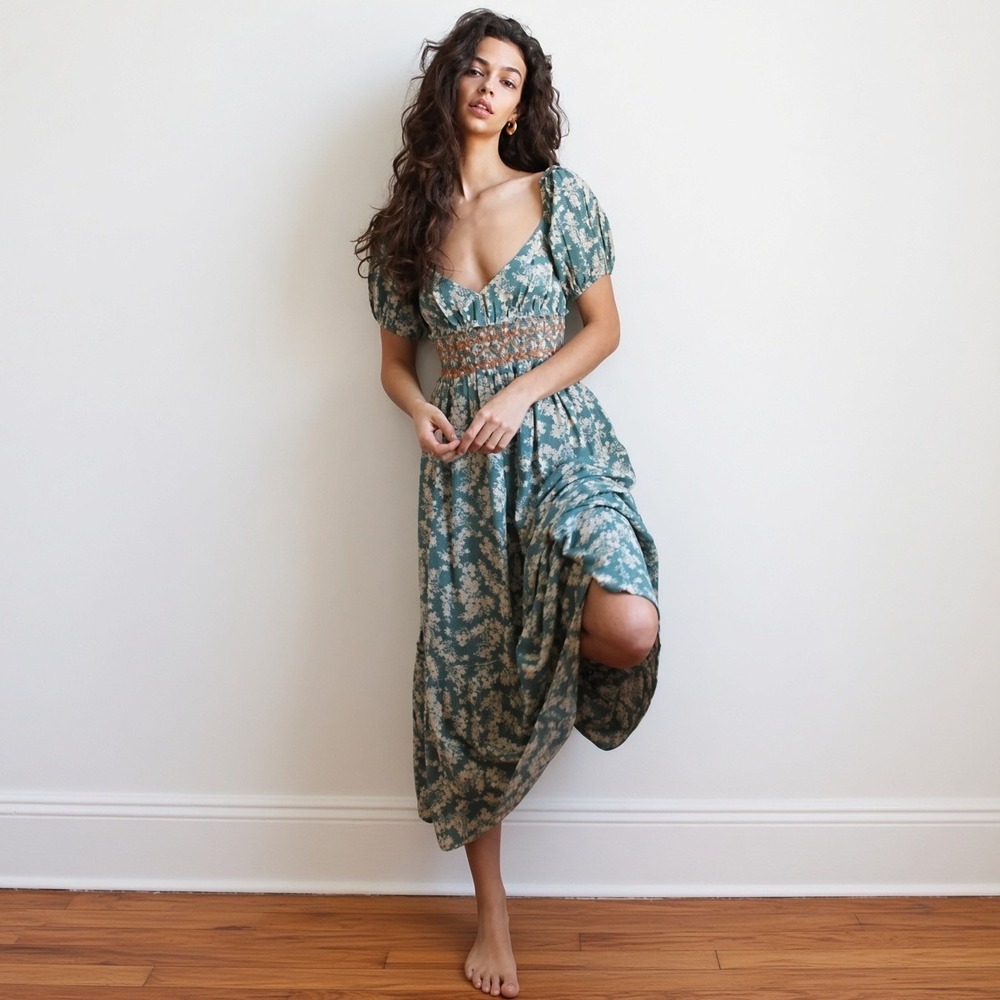Free People Ellie Printed Maxi Dress Blue Floral Smocked Waist Puff Sleeve M